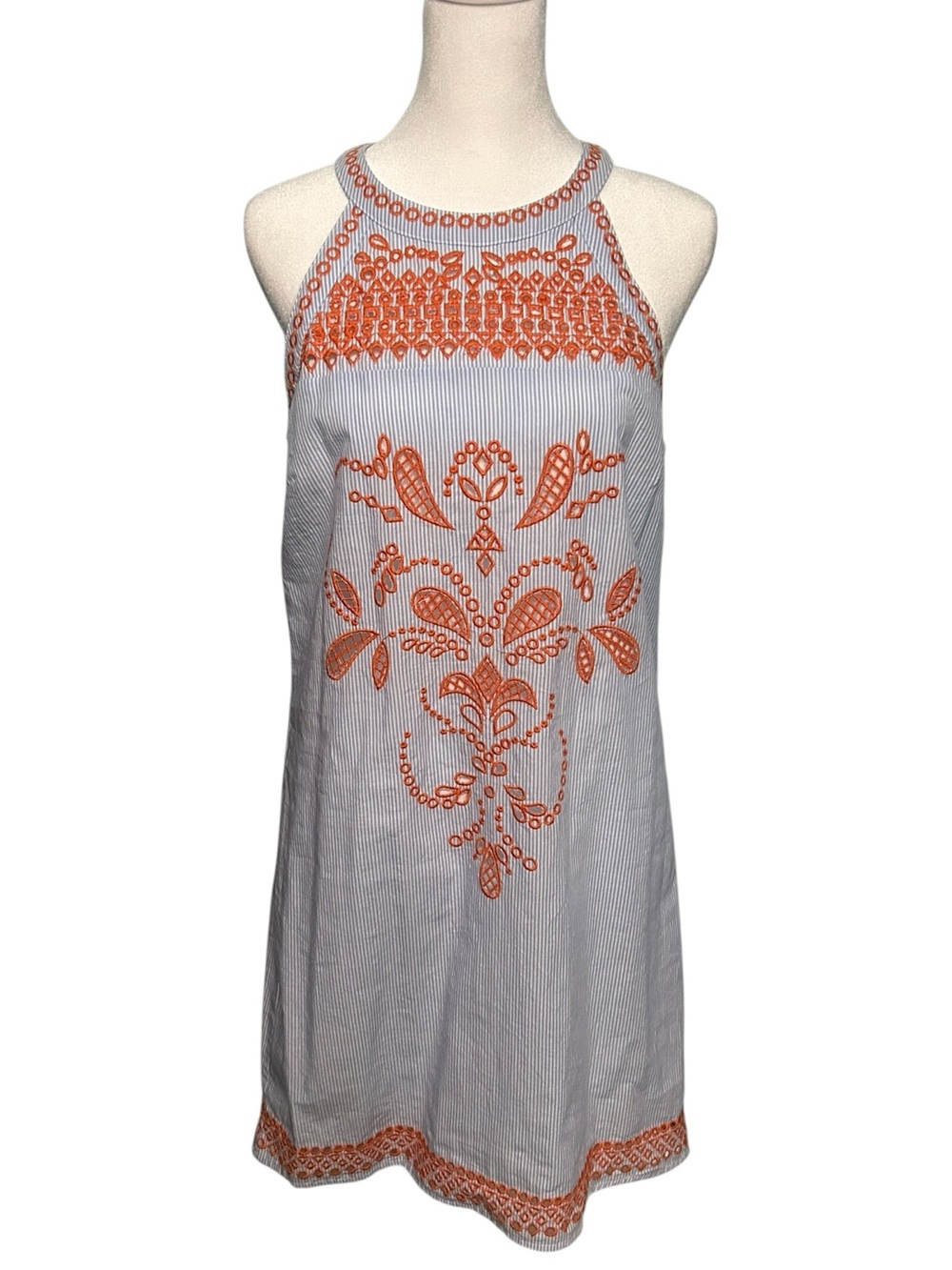 Skies are Blue Light Blue Striped Halter Dress with Orange Embroidery